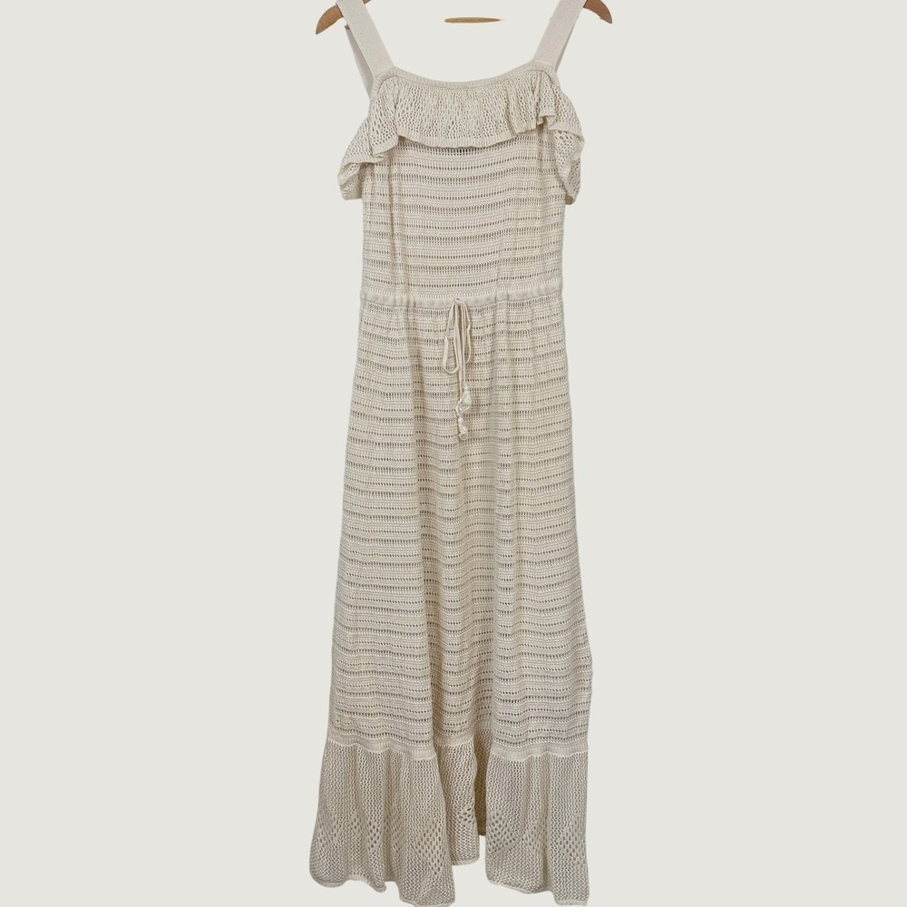 INC Crochet Knit Maxi Dress Womens XL Cream Boho Coastal Resort Vacation Breezy‎